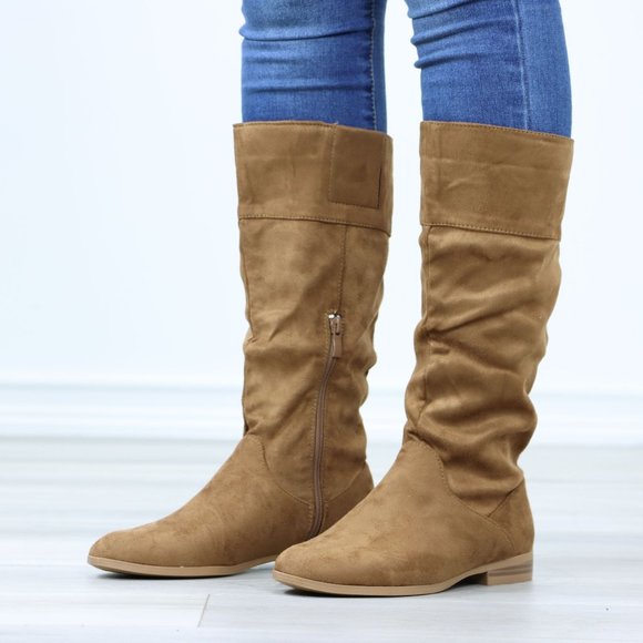 Tan Low Heel Boots Round Toe Above Ankle Mid-Calf Booties Faux Suede - Picture 12 of 12